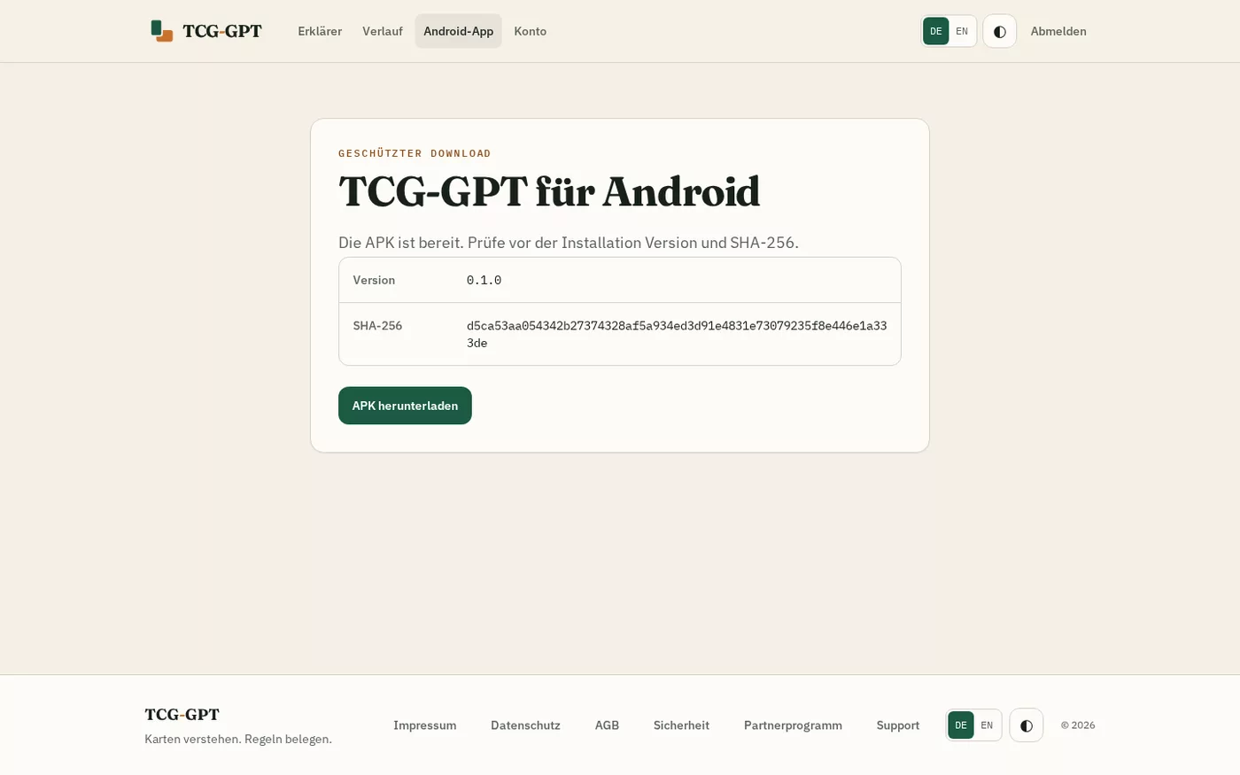Downloadseite der TCG-GPT Android-App